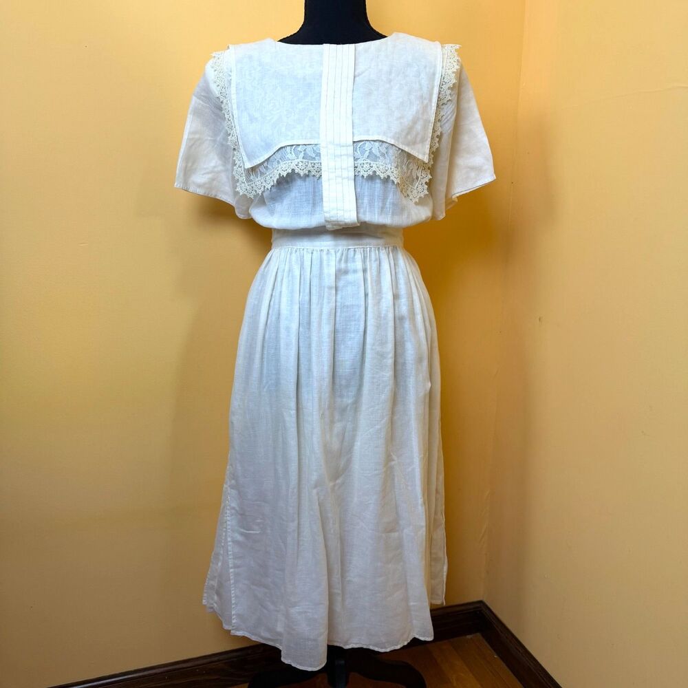 VTG Gunne Sax Dress White Cotton Sailor Collar Lace Trim Prairie Midi Small
